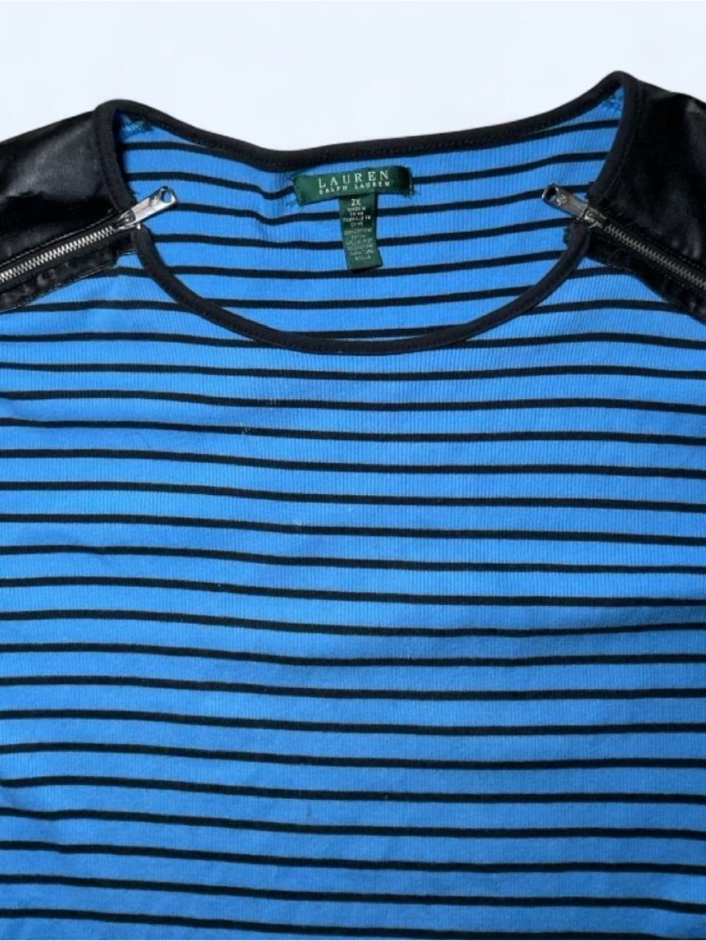 Ralph Lauren Blue and Black Striped Long-Sleeve Top with Faux Leather Shoulders - Picture 4 of 5
